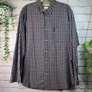 COLUMBIA MENS LONG SLEEVE PLAID BUTTON DOWN NAVY AND KHAKI PLAID SIZE LARGE EUC